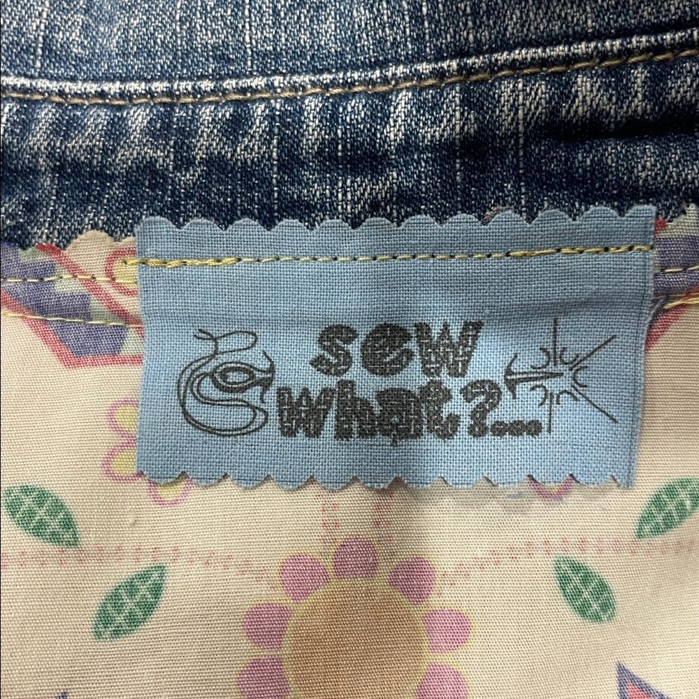 Upcycled blue jean jacket with yellow tribal fabric inserts, juniors size 7/9 - Picture 3 of 6